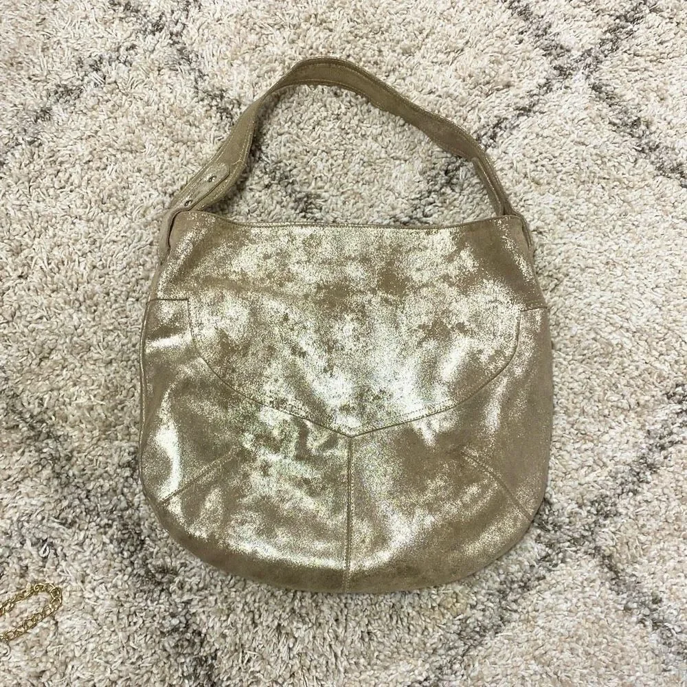 Cofi Genuine Leather Brushed Gold Metallic Hobo Shoulder Bag